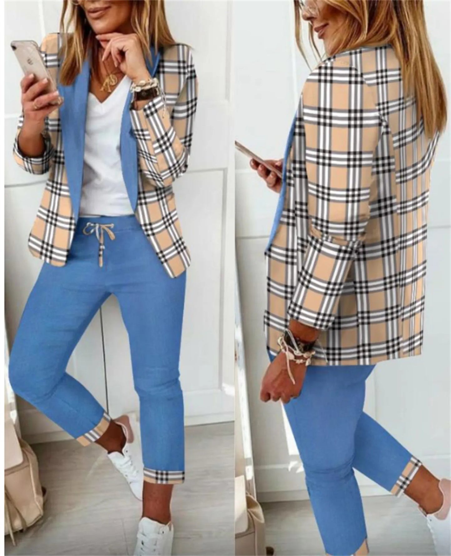Women's Check Blazer & Solid Pants Set