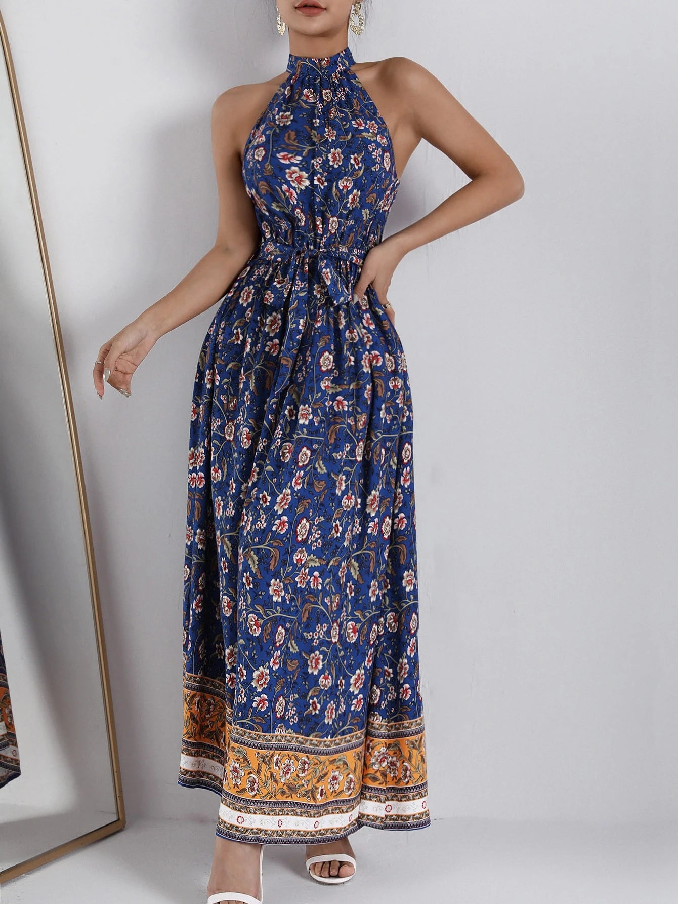 SHEIN Self Belted Halter Floral Dress