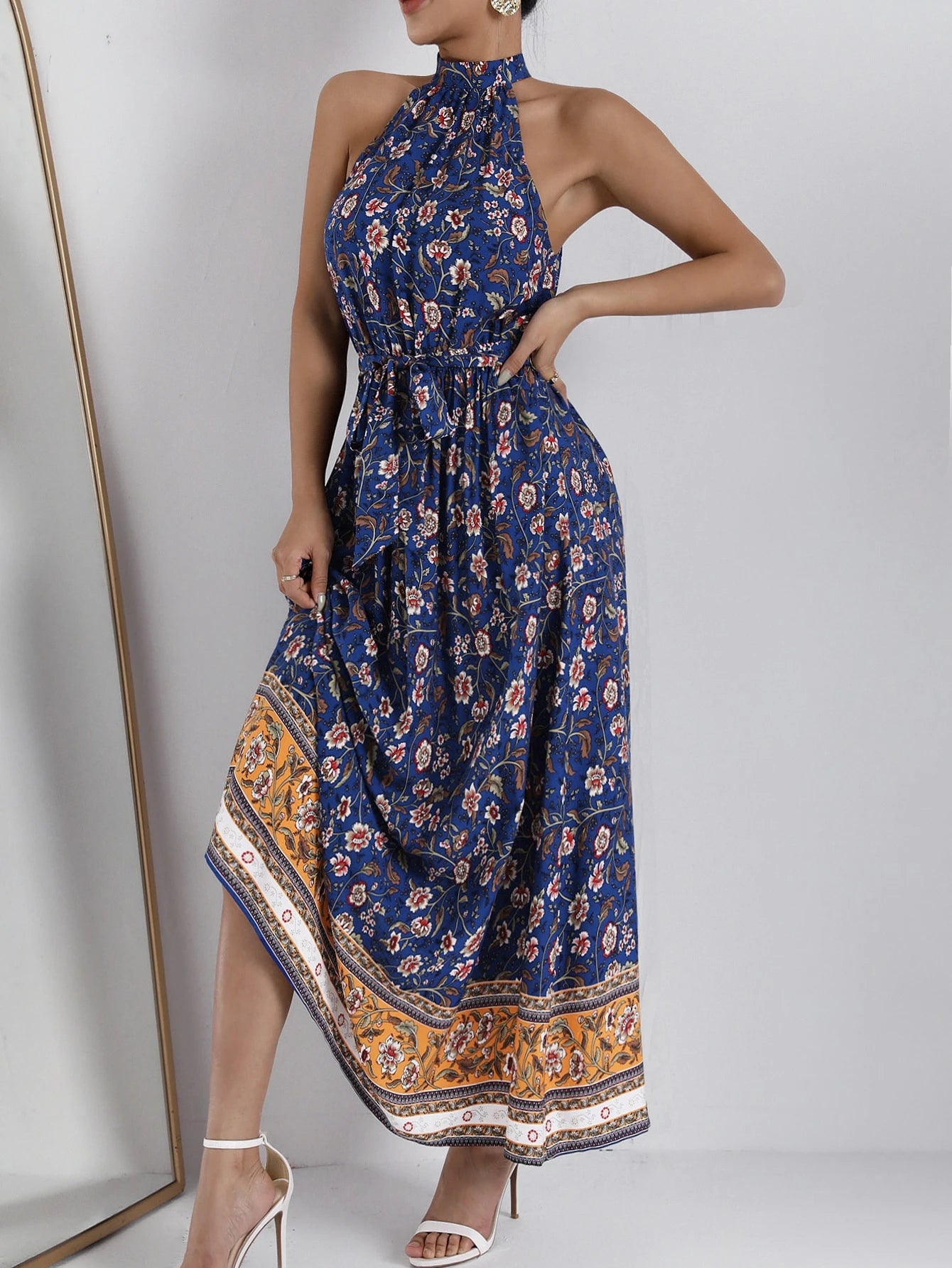 SHEIN Self Belted Halter Floral Dress