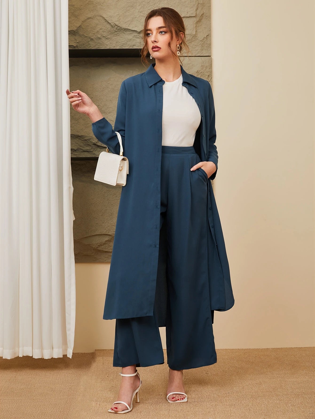 Shein long shirt & Wide-Leg Pants Set