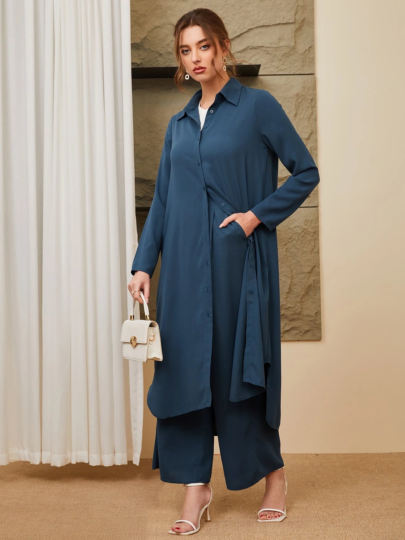 Shein long shirt & Wide-Leg Pants Set