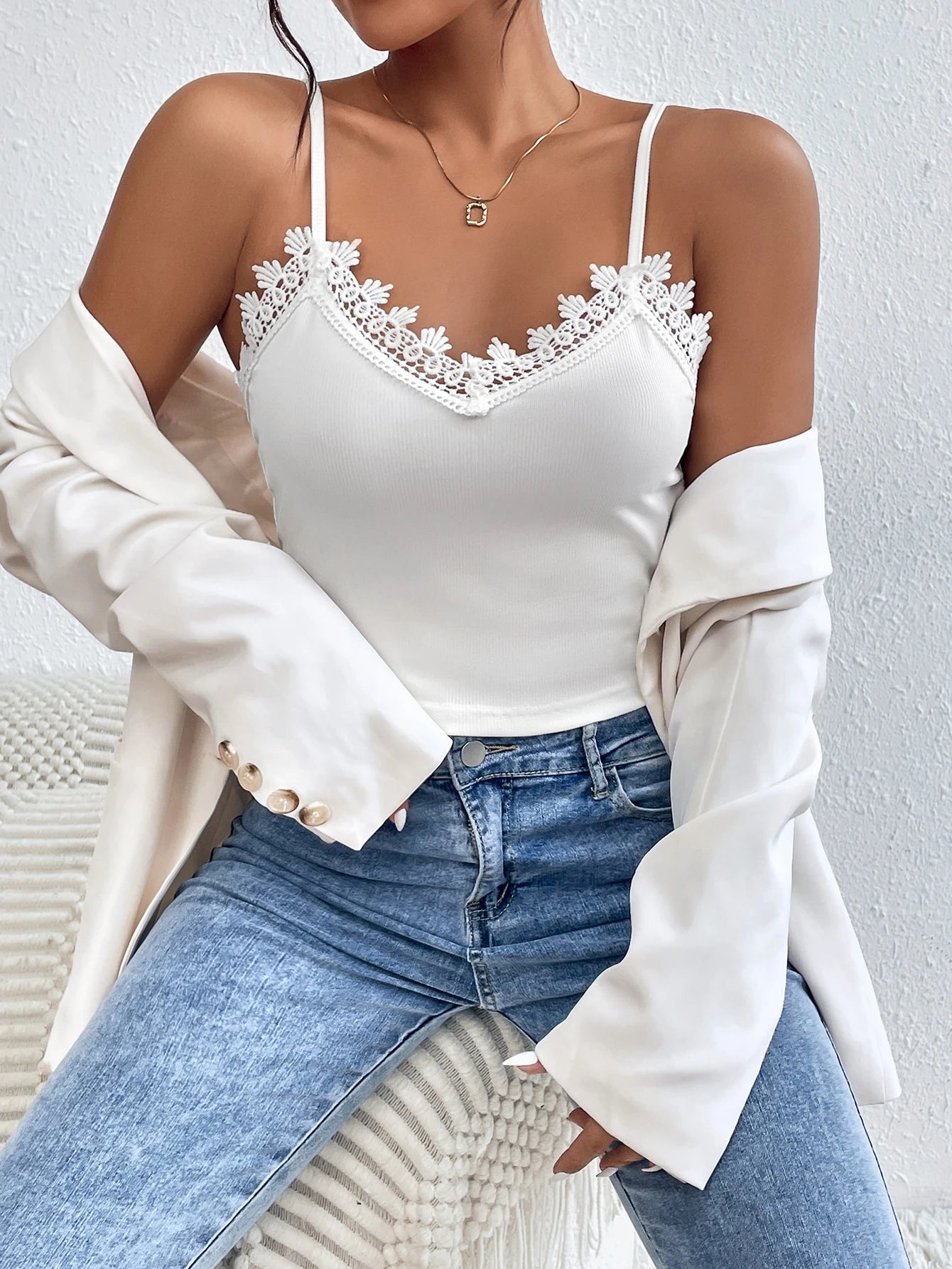 SHEIN BASICS White Lace-Trim Cami Top