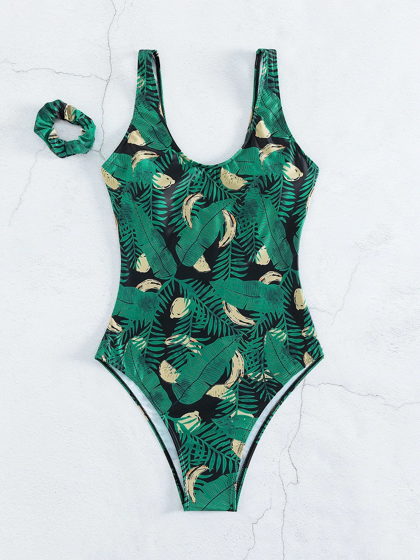 Tropical Leaf Print One-Piece Swimsuit with Hair Tie