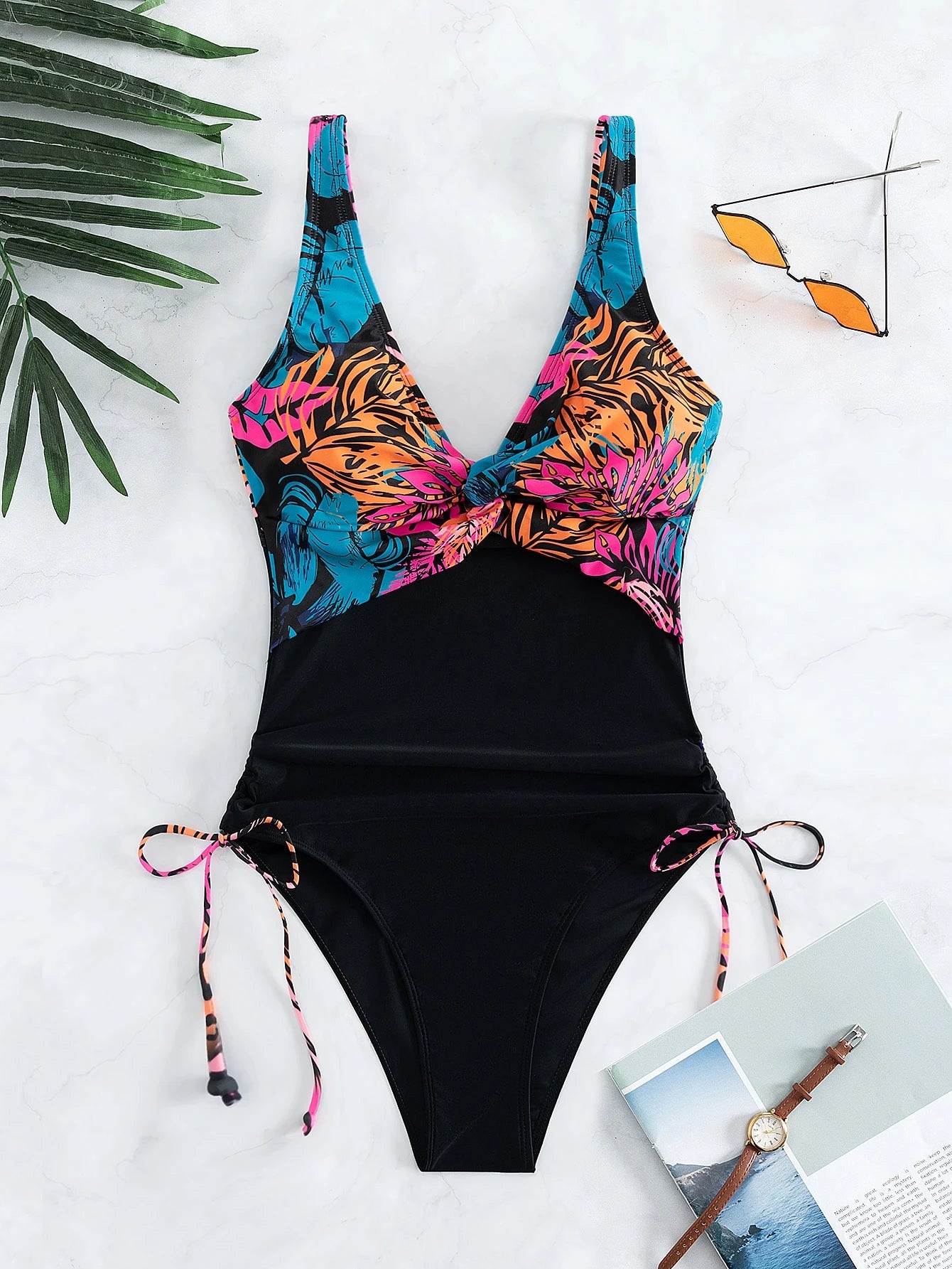 SHEIN Tropical Print Drawstring One-Piece Swimsuit