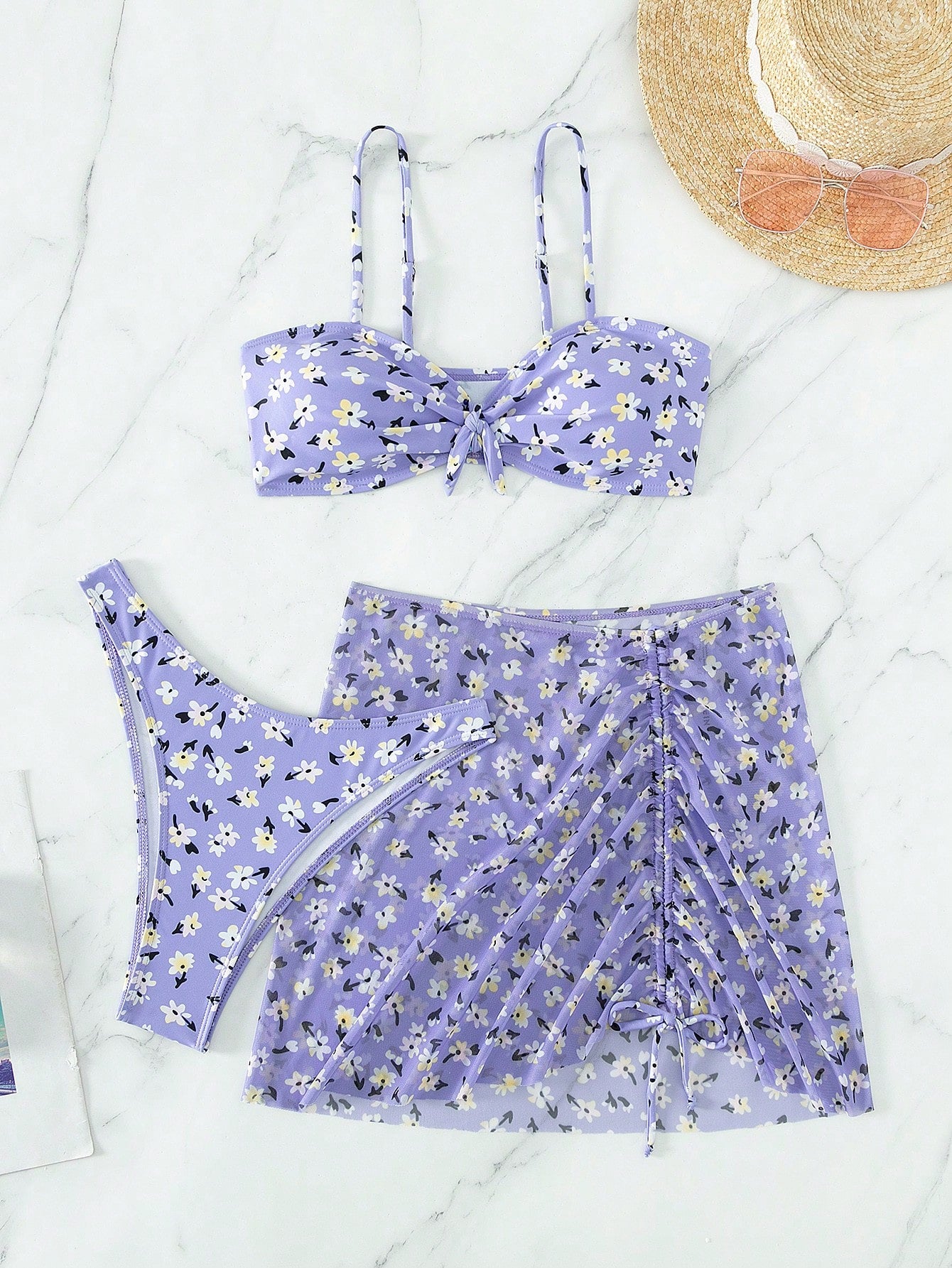 SHEIN Floral Bikini Set with Beach Skirt