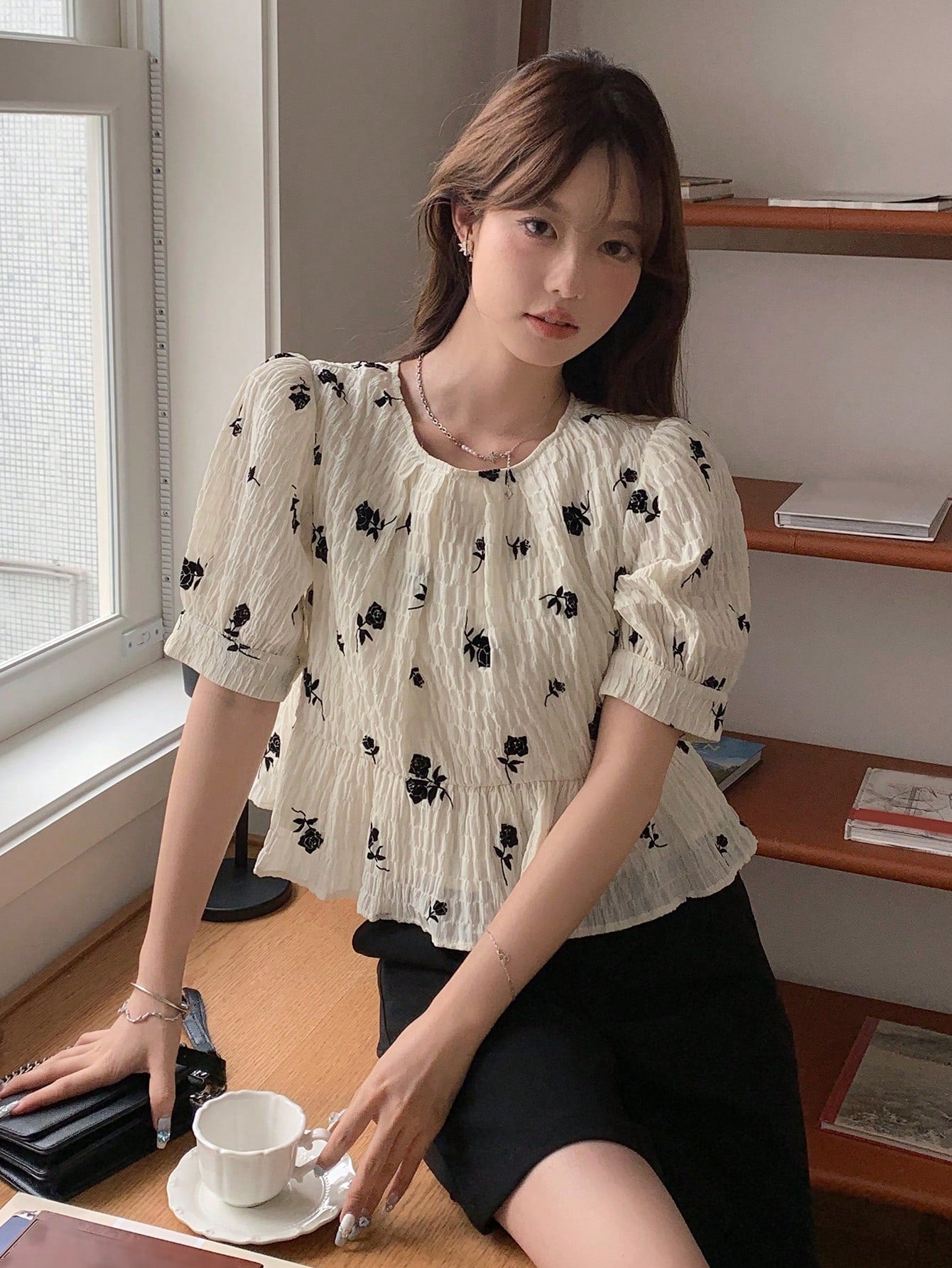 SHEIN DAZY Floral Textured Blouse