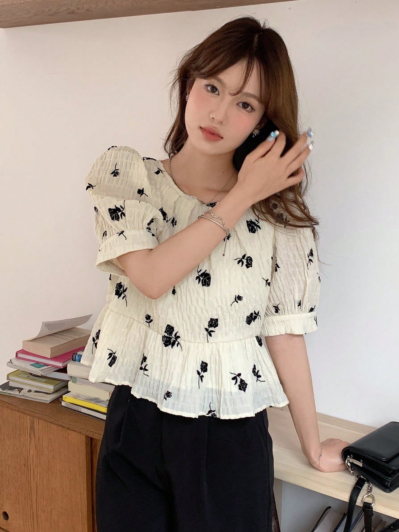 SHEIN DAZY Floral Textured Blouse