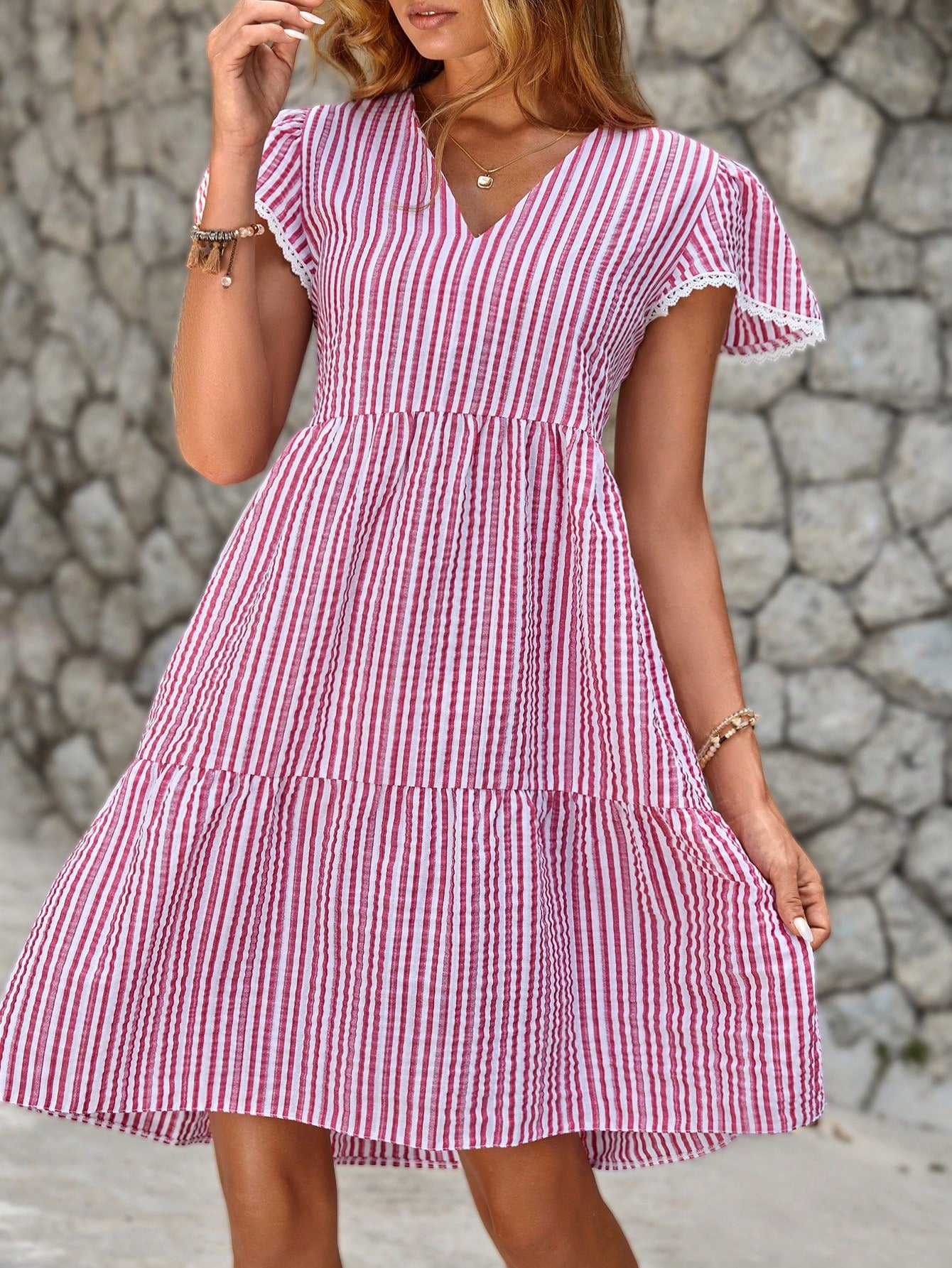 Striped Puff‑Sleeve Smock Turkish Dress