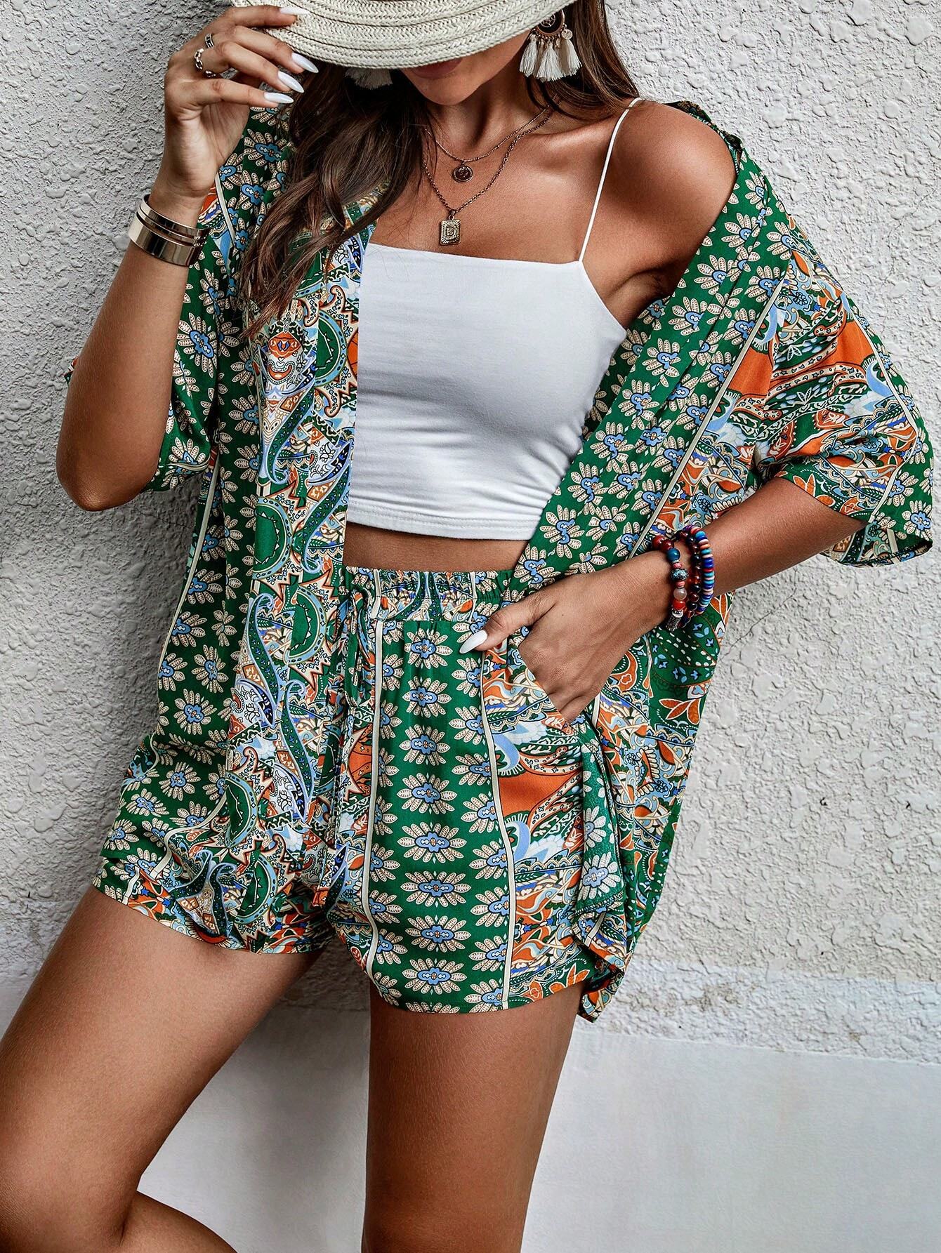 Shein Printed Kimono & Shorts Set