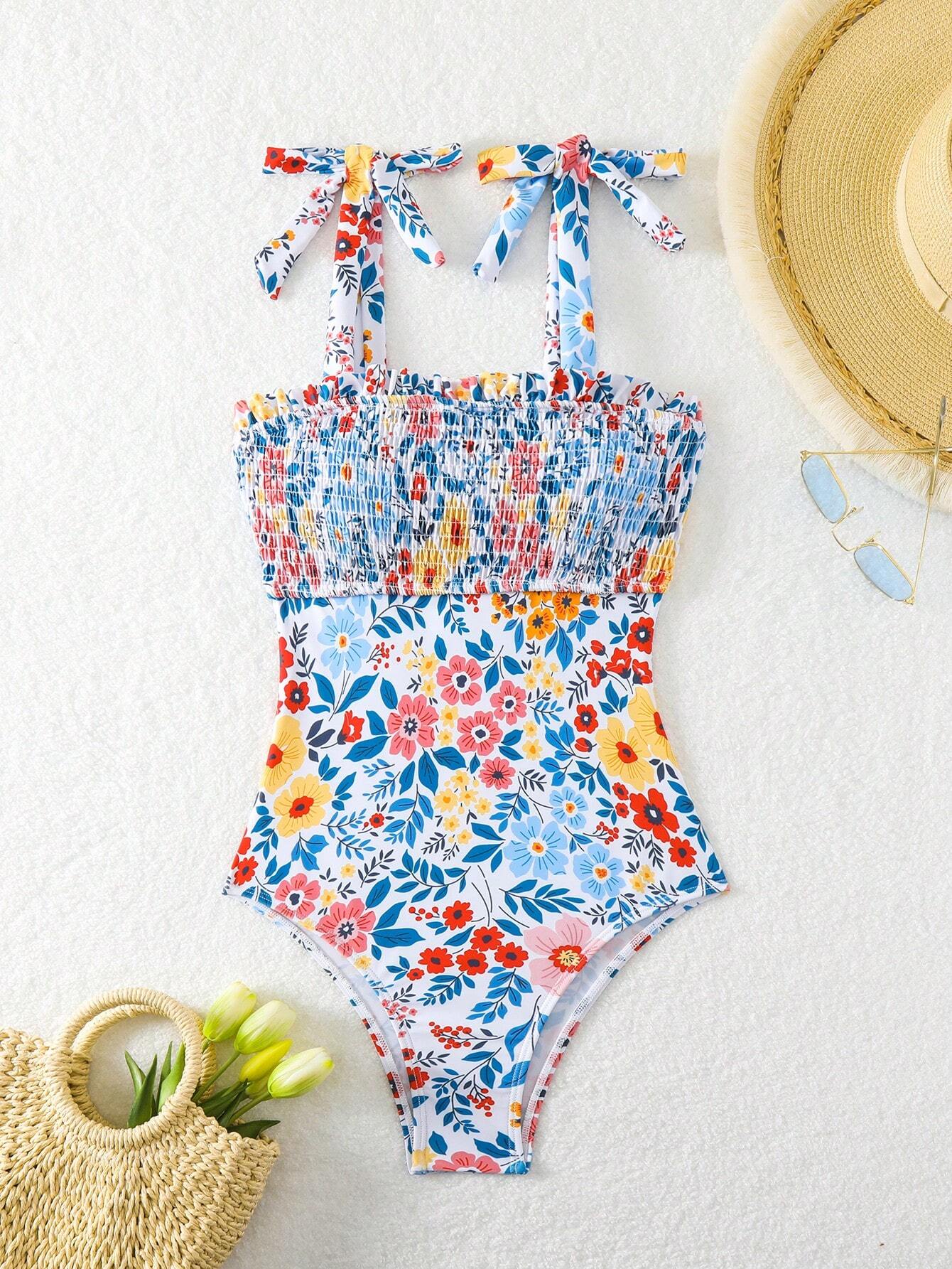 SHEIN DAZY Smocked Floral One-Piece Swimsuit