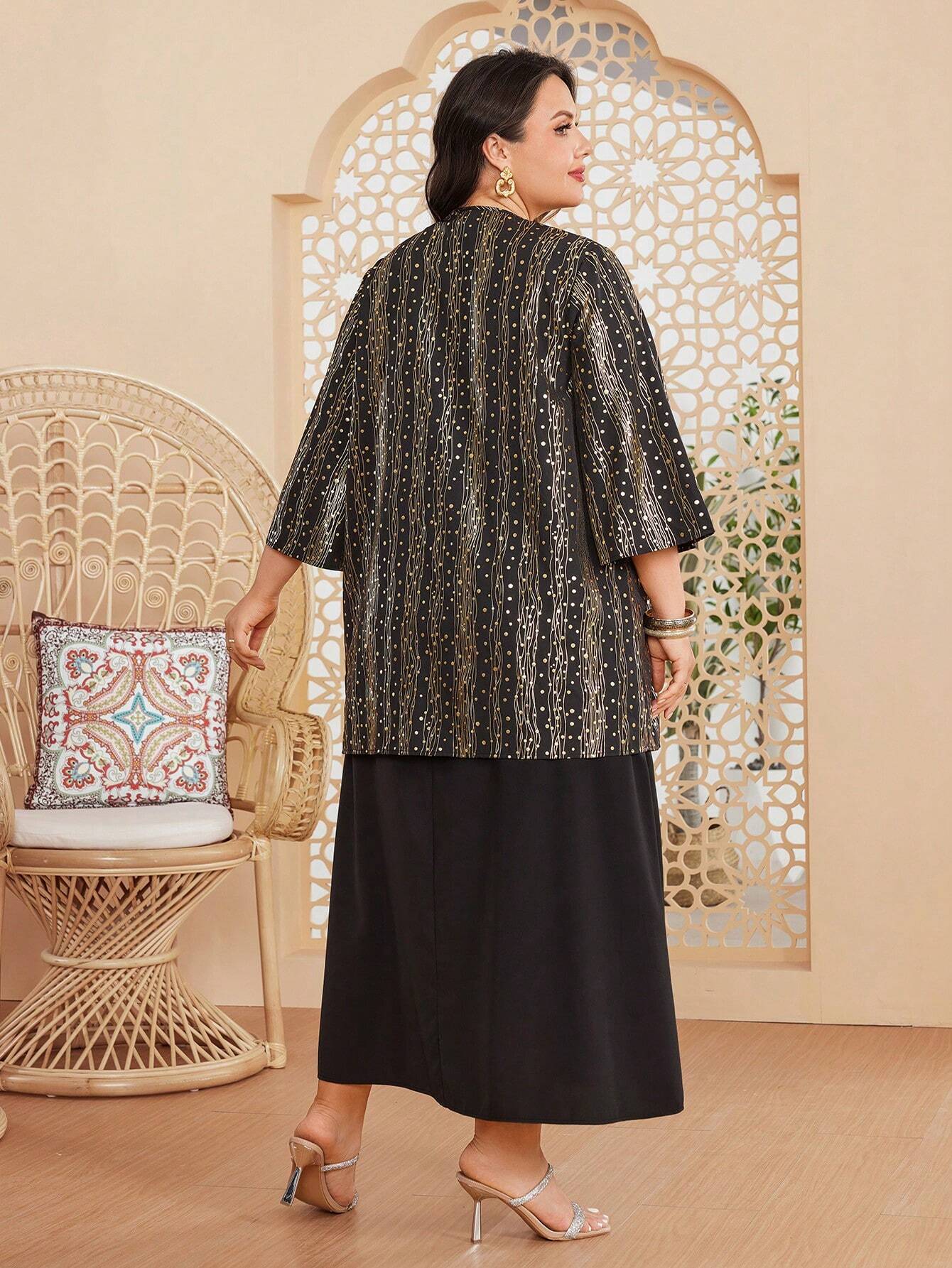 SHEIN Black Maxi Dress & Gold Print Jacket Set