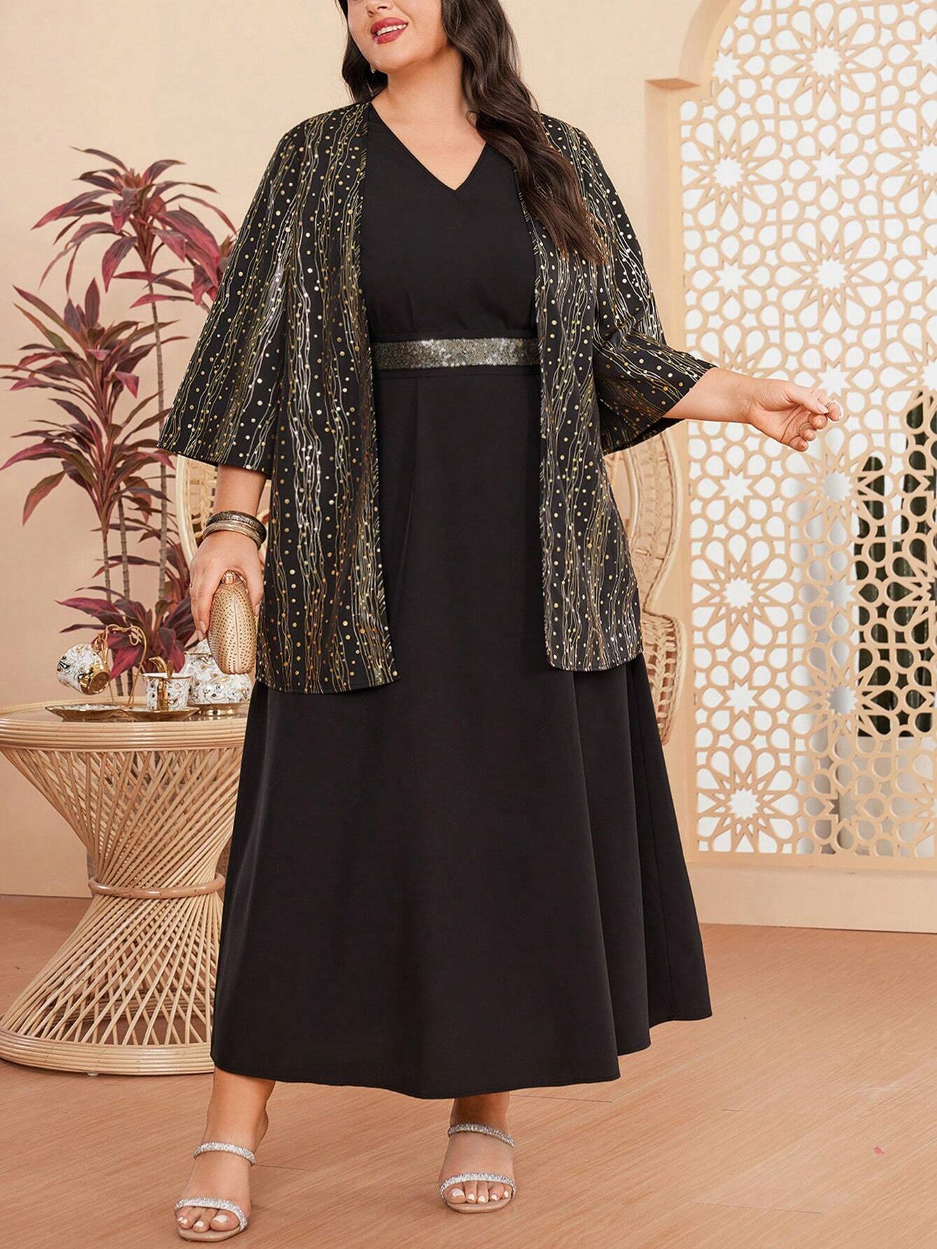 SHEIN Black Maxi Dress & Gold Print Jacket Set
