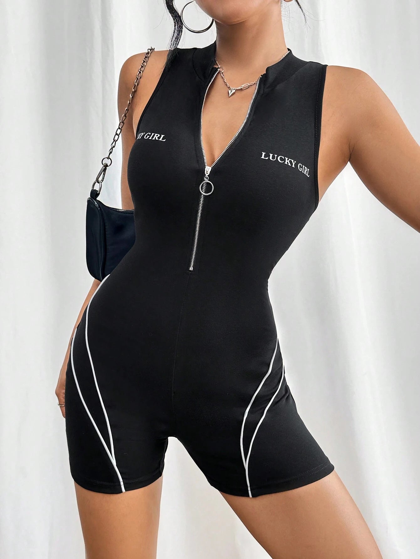 SHEIN Privé Lucky Girl Zipper Romper