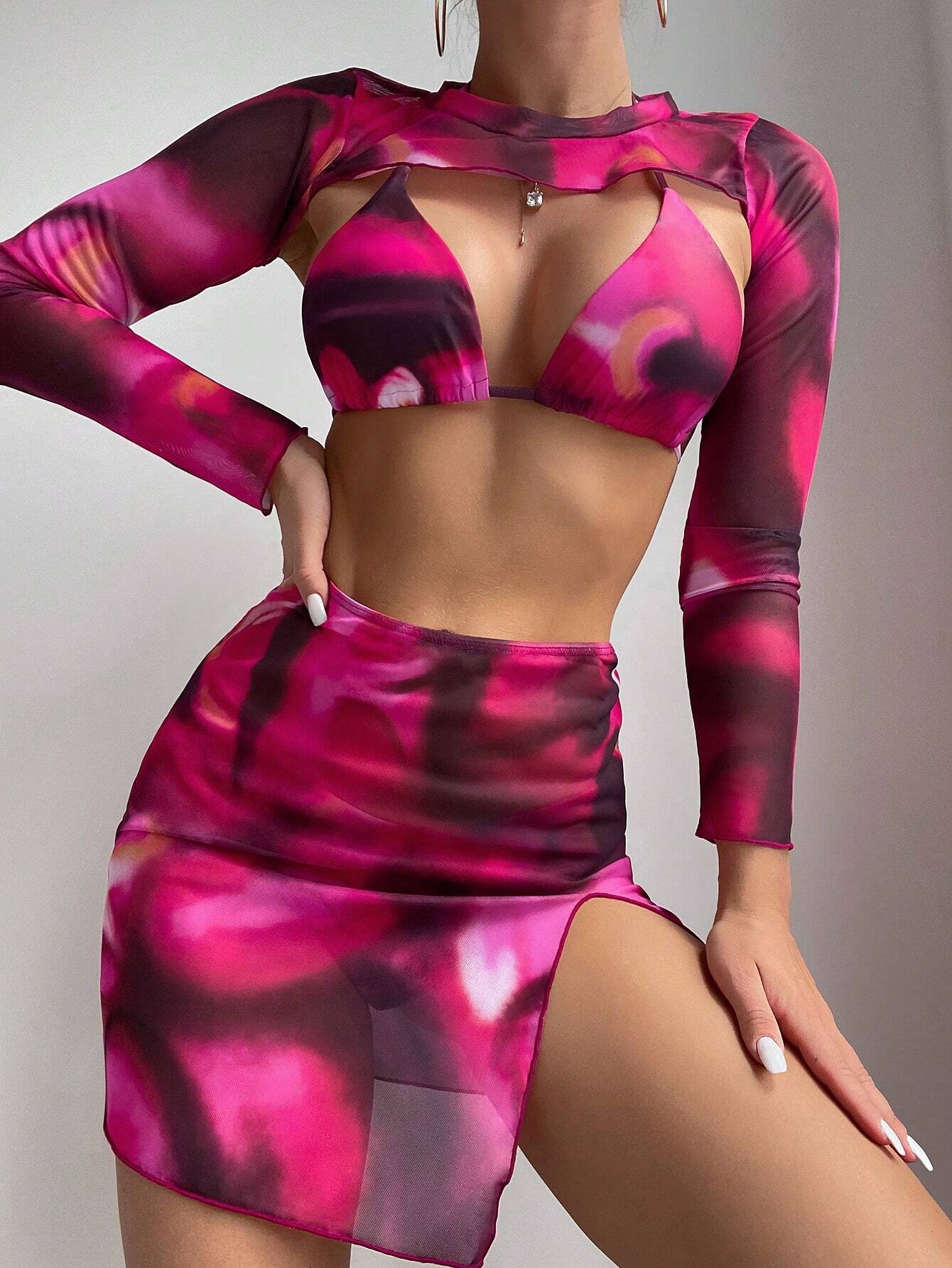 SHEIN Swim Tie-Dye Bikini Set with Sheer Skirt Cover-Up