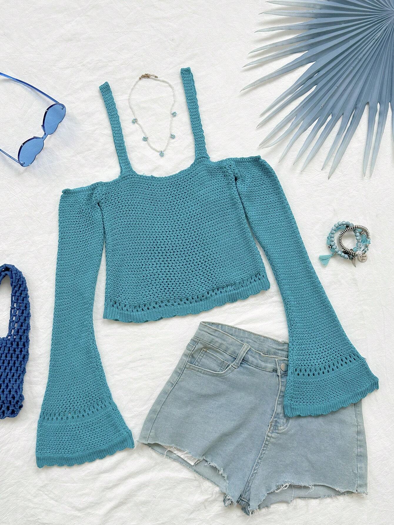 SHEIN Dreamara Knit Open-Shoulder Flared Sleeve Top