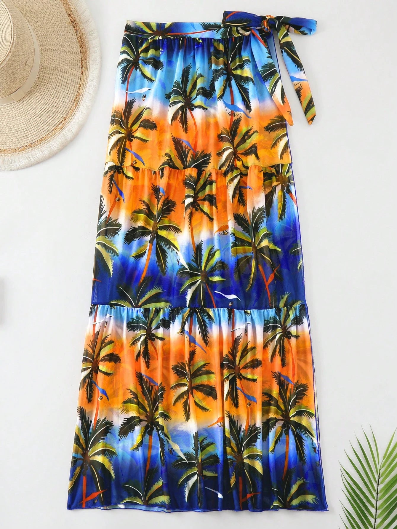 SHEIN Ombre Palm Print Knotted Sarong Skirt