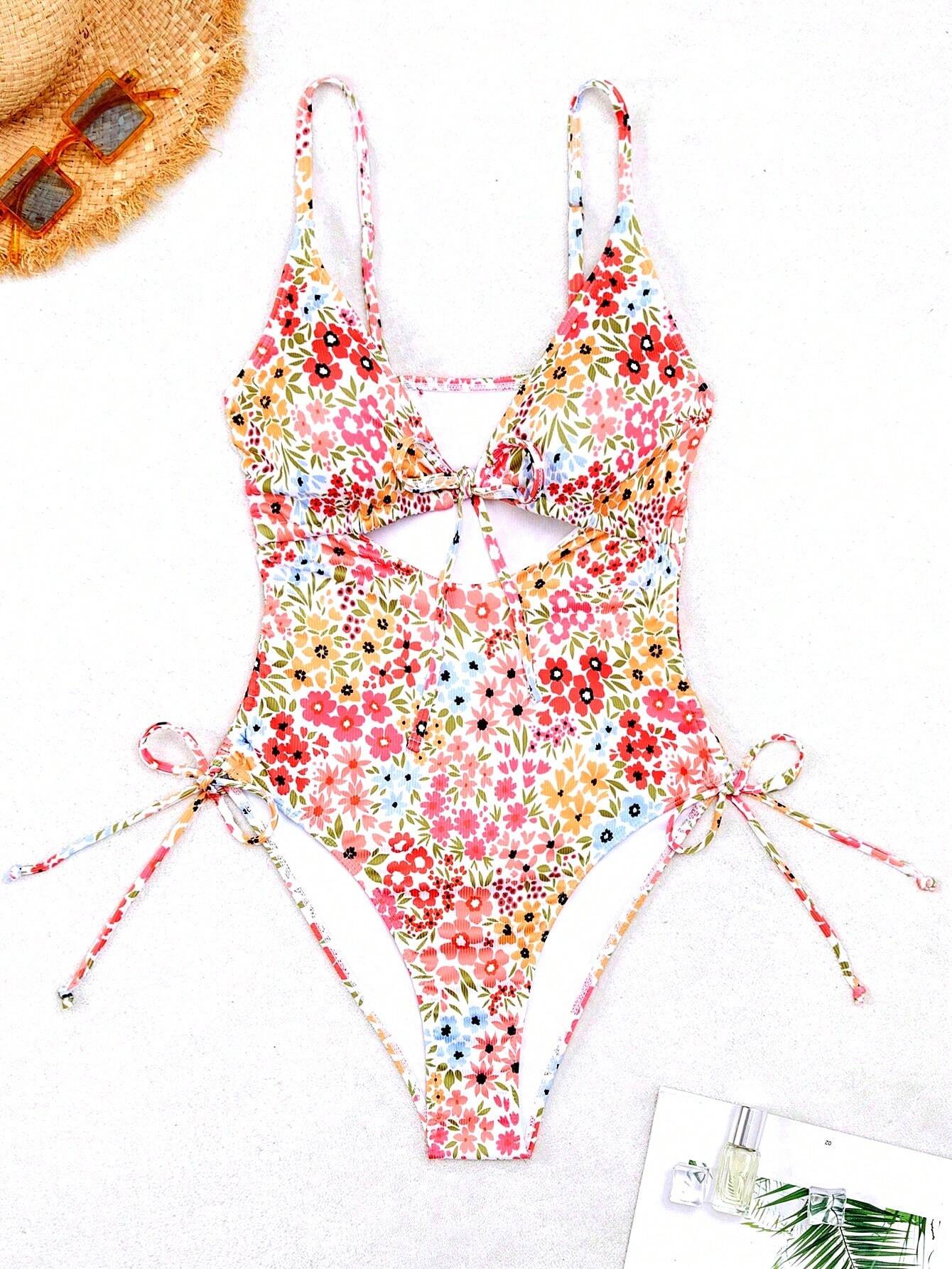 SHEIN Floral Cut-Out Belted One-Piece Swimsuit