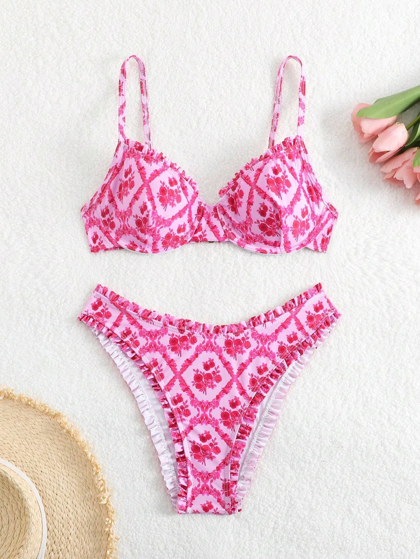 SHEIN SwimMod Floral Ruffle Underwire Bikini