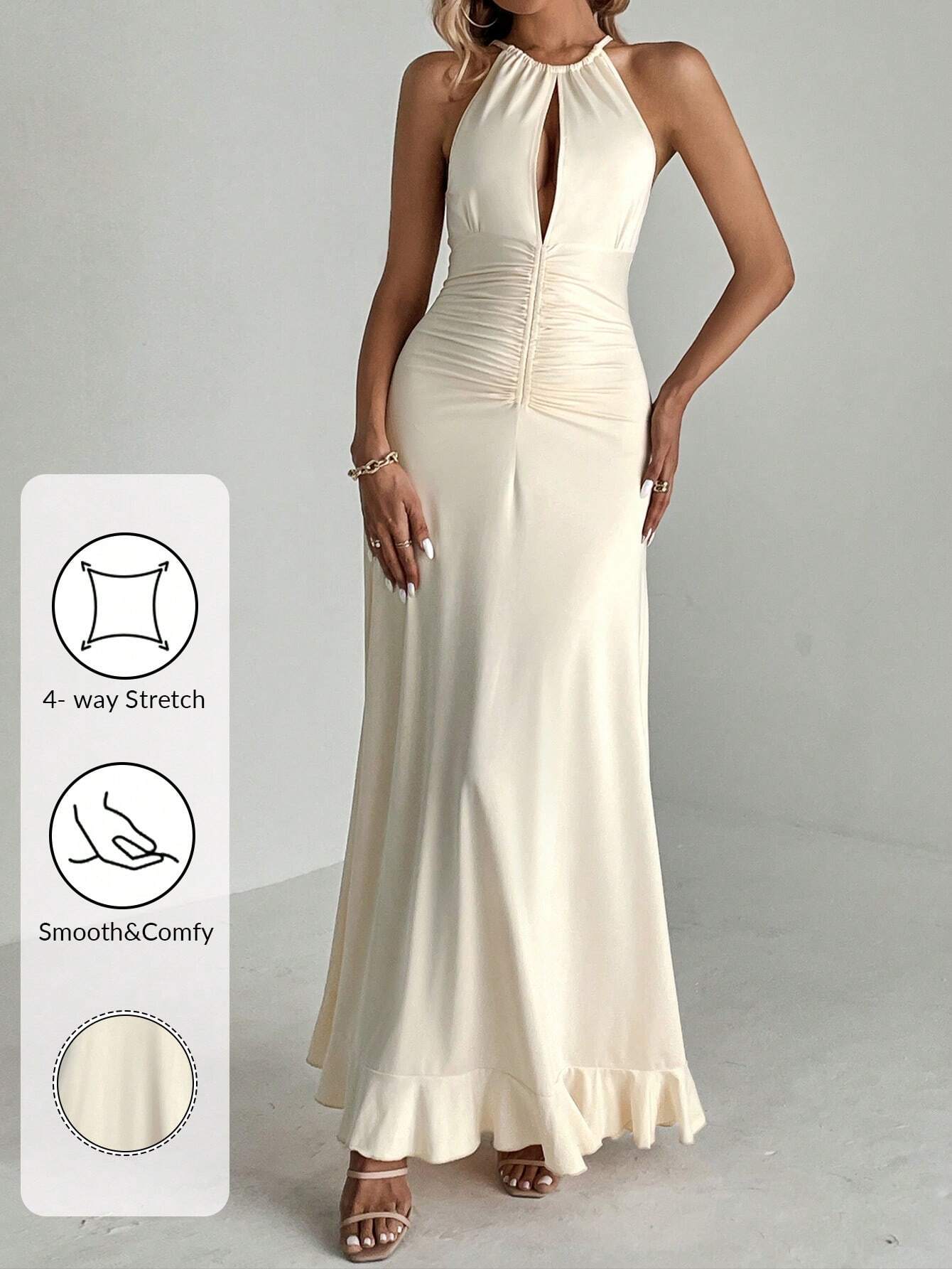SHEIN Aloruh Ruched Waist Ruffle Hem Maxi Dress