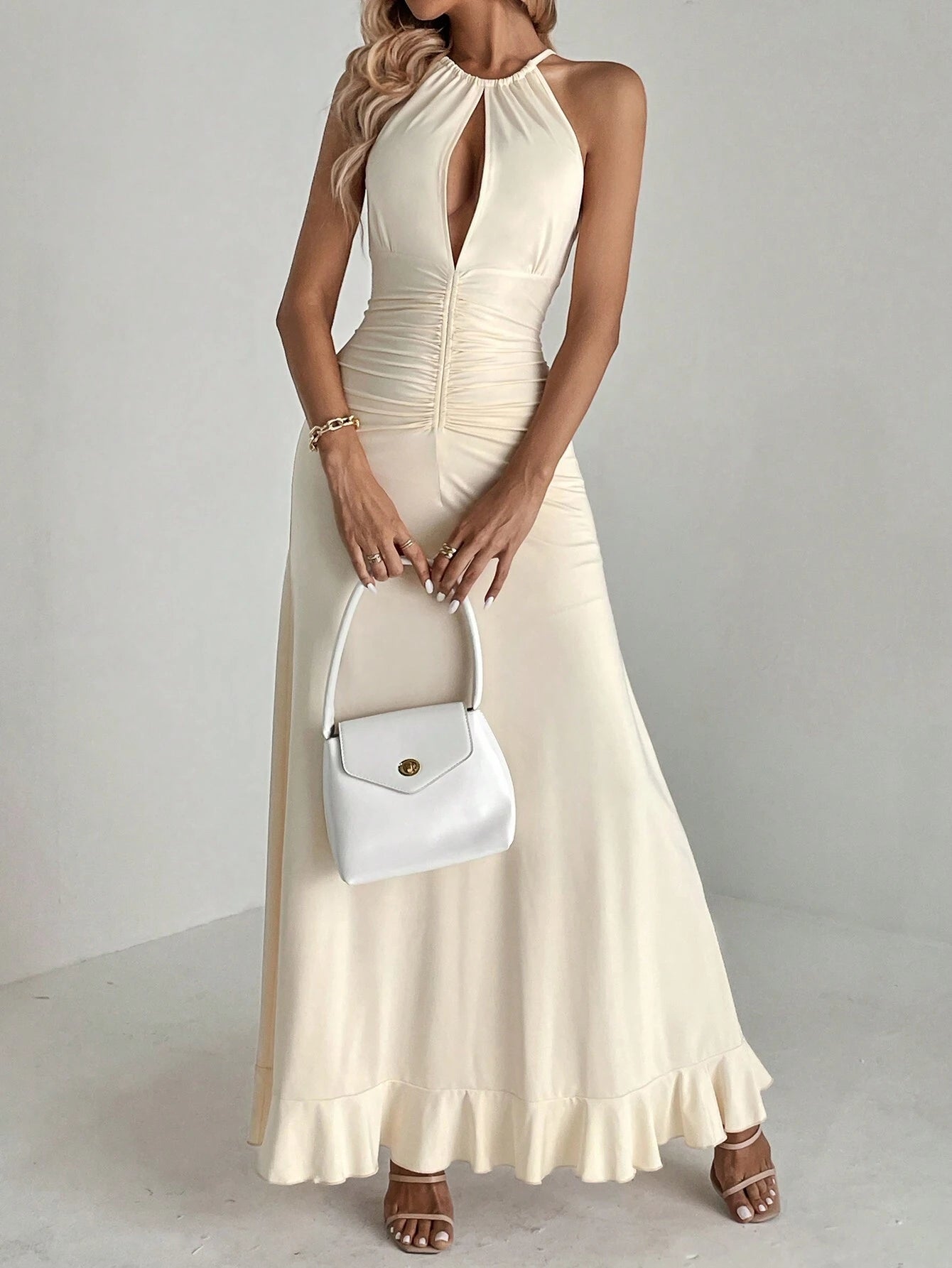 SHEIN Aloruh Ruched Waist Ruffle Hem Maxi Dress