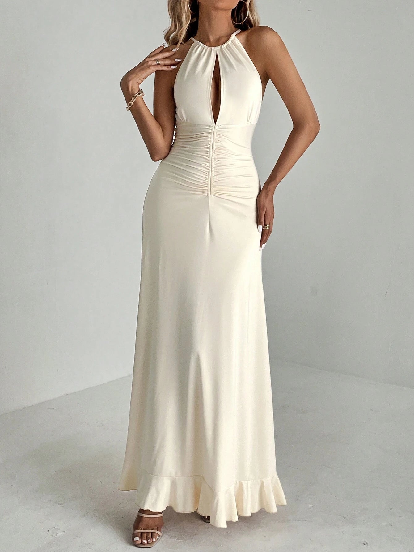 SHEIN Aloruh Ruched Waist Ruffle Hem Maxi Dress
