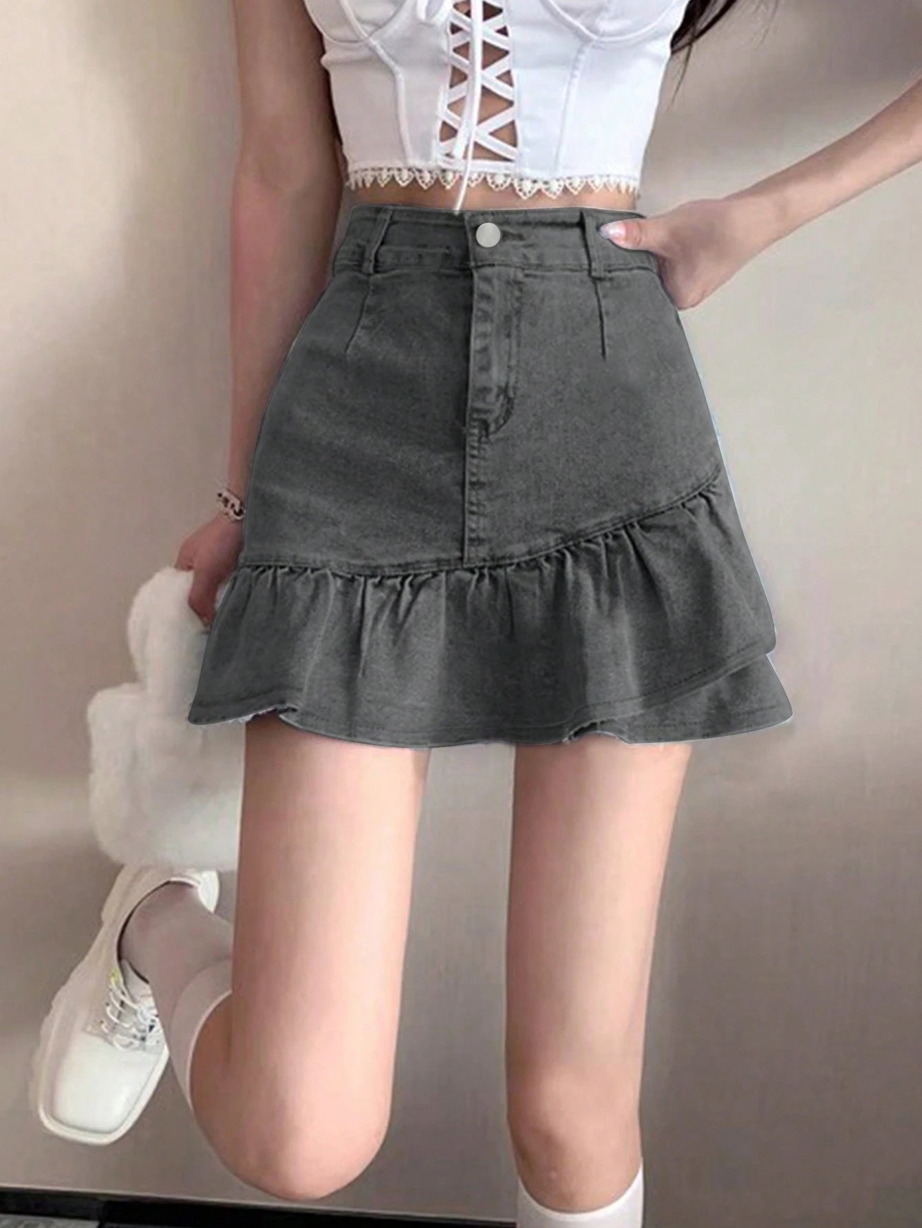 Shein Ruffle Denim Mini Skirt