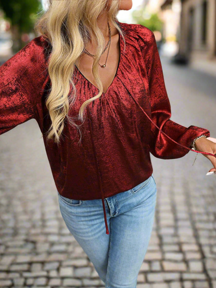 Shein V-Neck Puff Sleeve Blouse – Tie Cuff