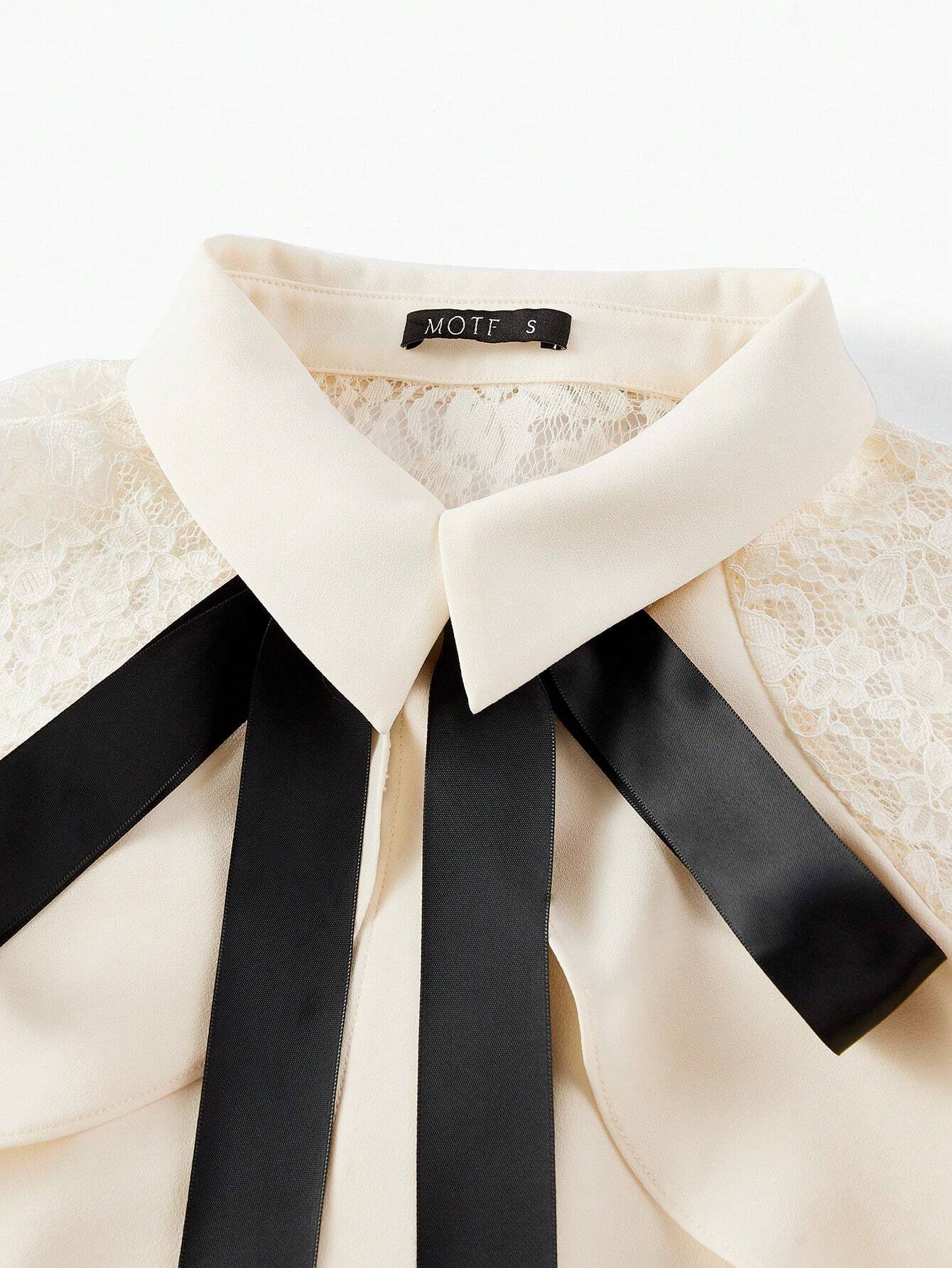 MOTF Premium Contrast Tie Neck Lace Ruffle Shirt