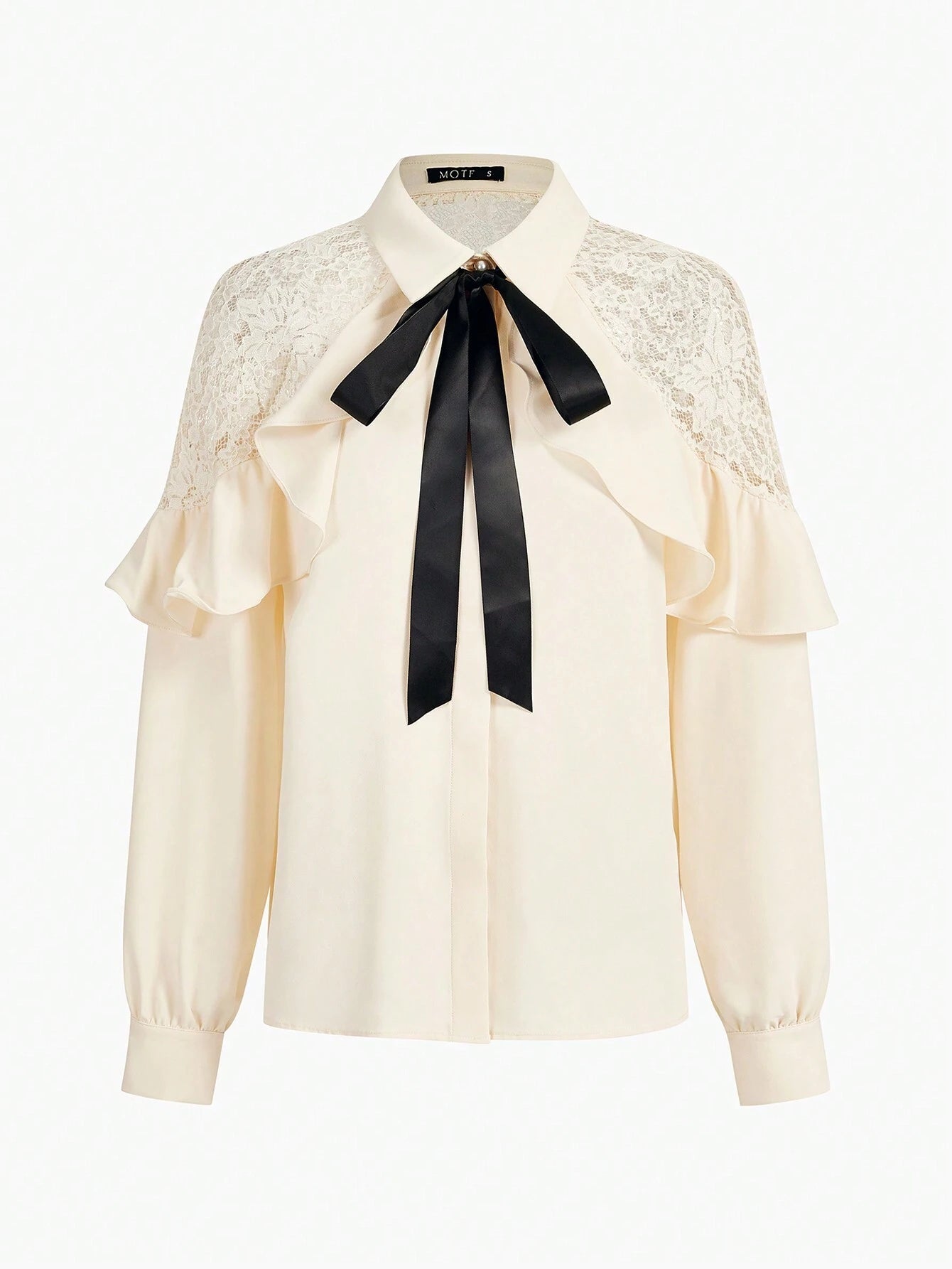 MOTF Premium Contrast Tie Neck Lace Ruffle Shirt
