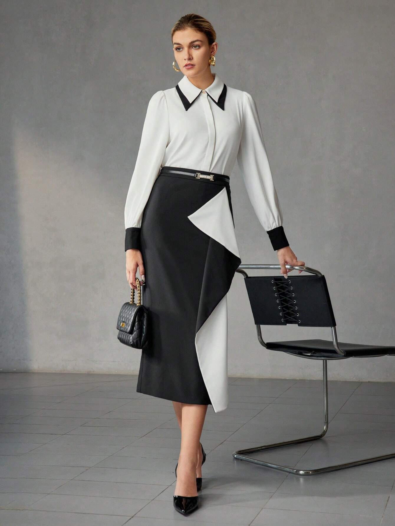 SHEIN MOTF Colorblock Ruffle Pencil Skirt (No Belt)