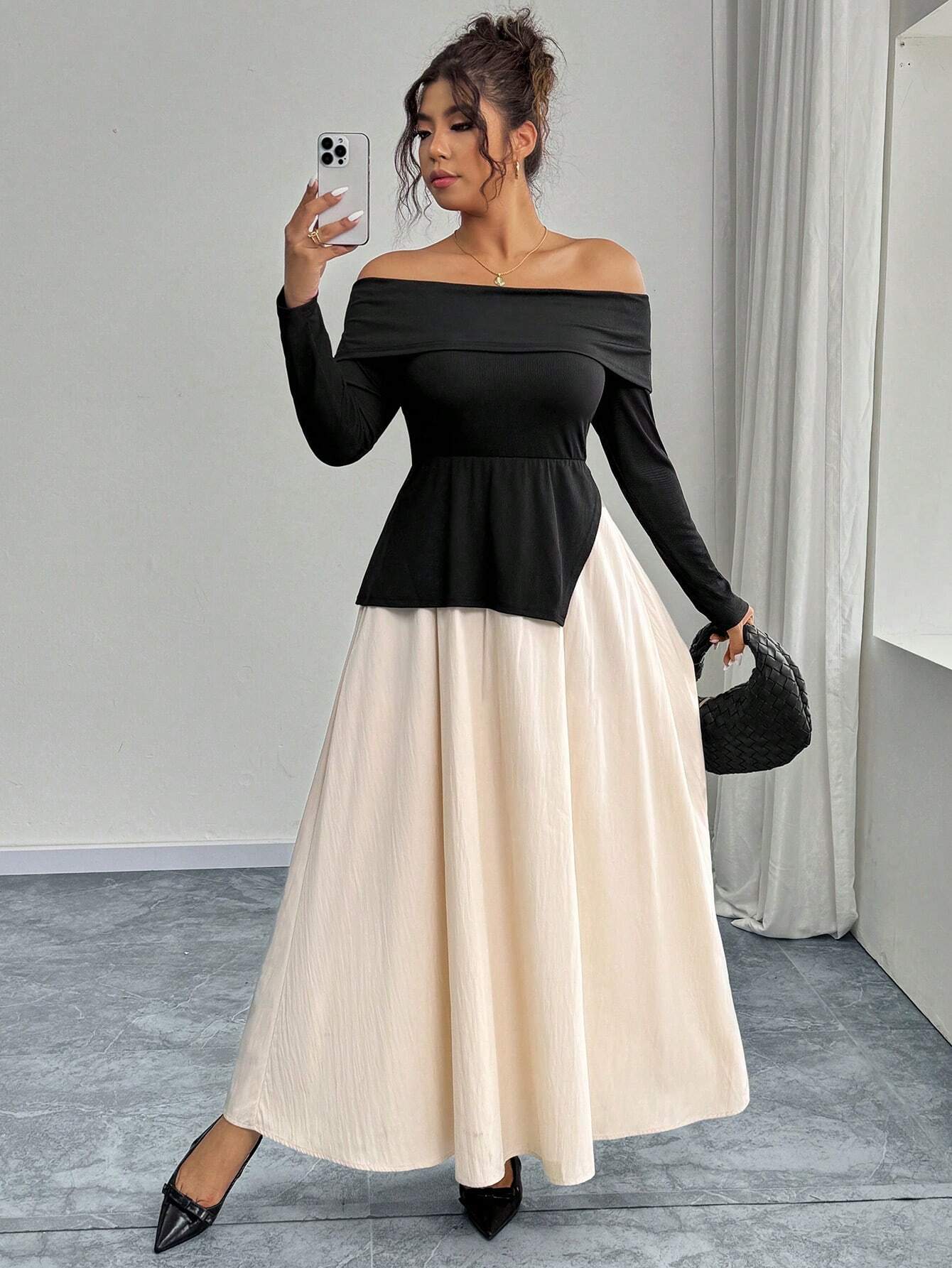 SHEIN Simple Off-Shoulder Colorblock Maxi Dress