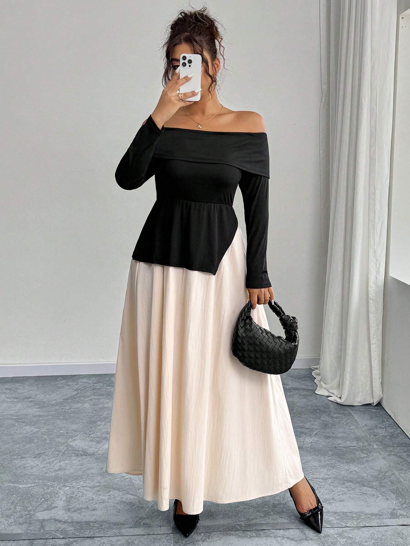 SHEIN Simple Off-Shoulder Colorblock Maxi Dress