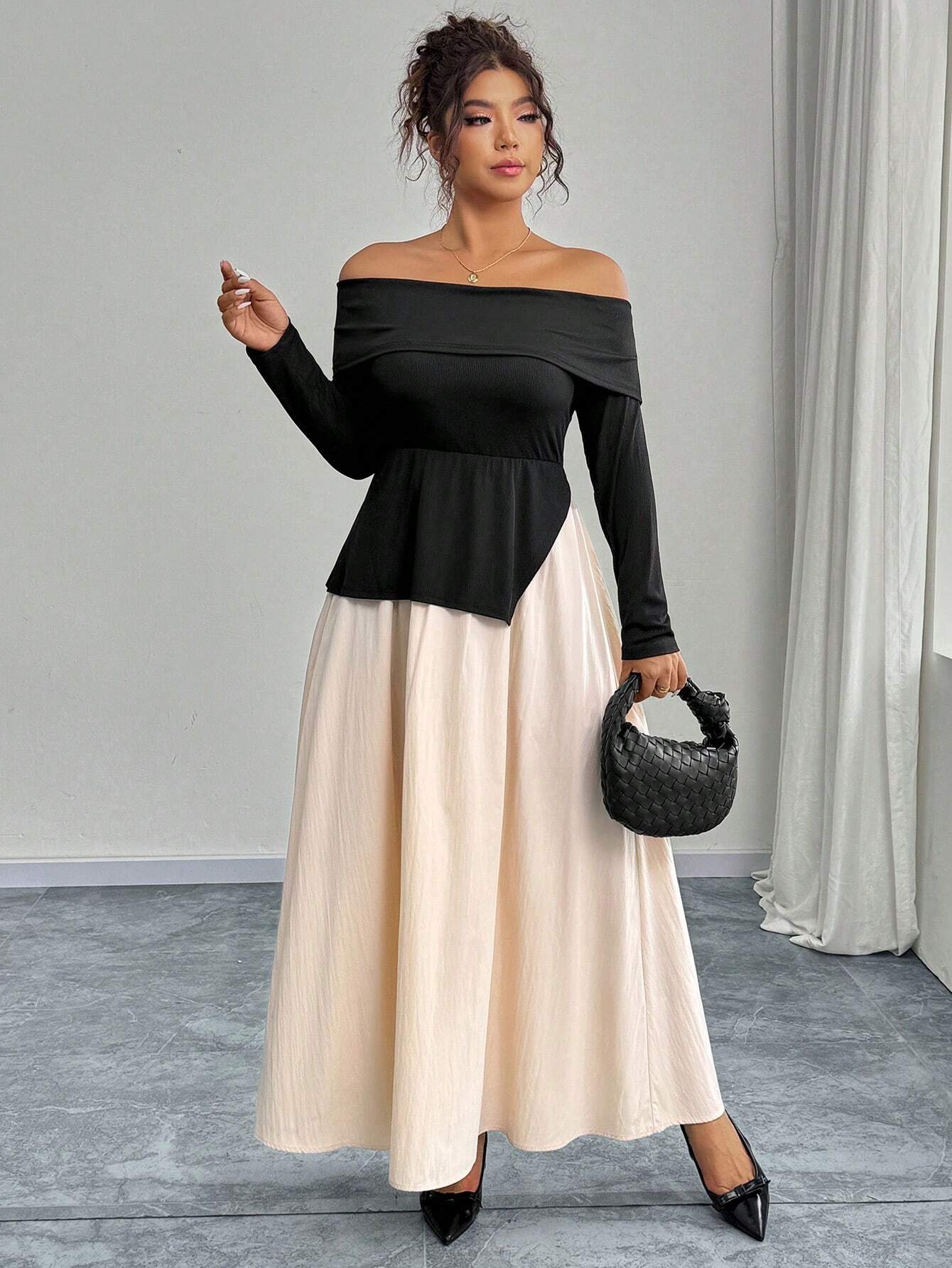 SHEIN Simple Off-Shoulder Colorblock Maxi Dress