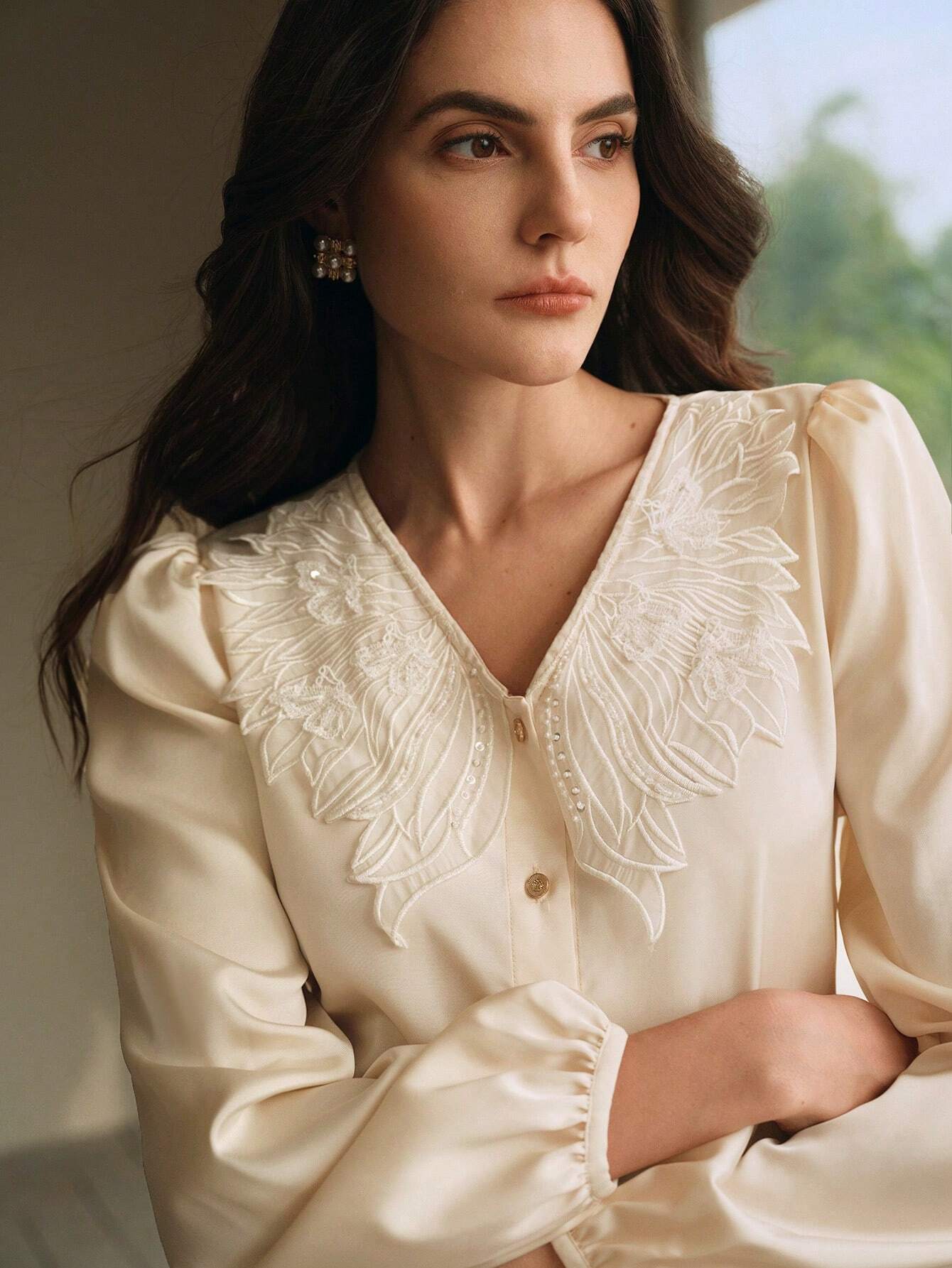 SHEIN Anewsta Embroidered V-Neck Blouse
