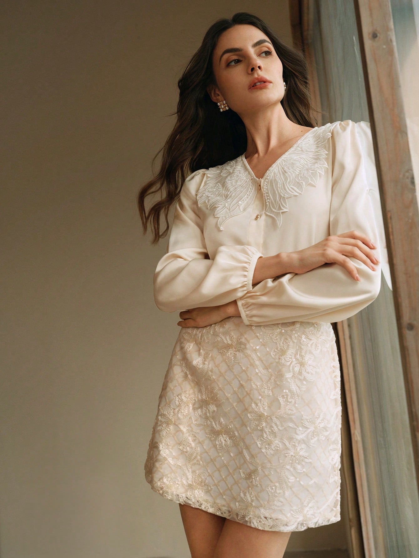 SHEIN Anewsta Embroidered V-Neck Blouse