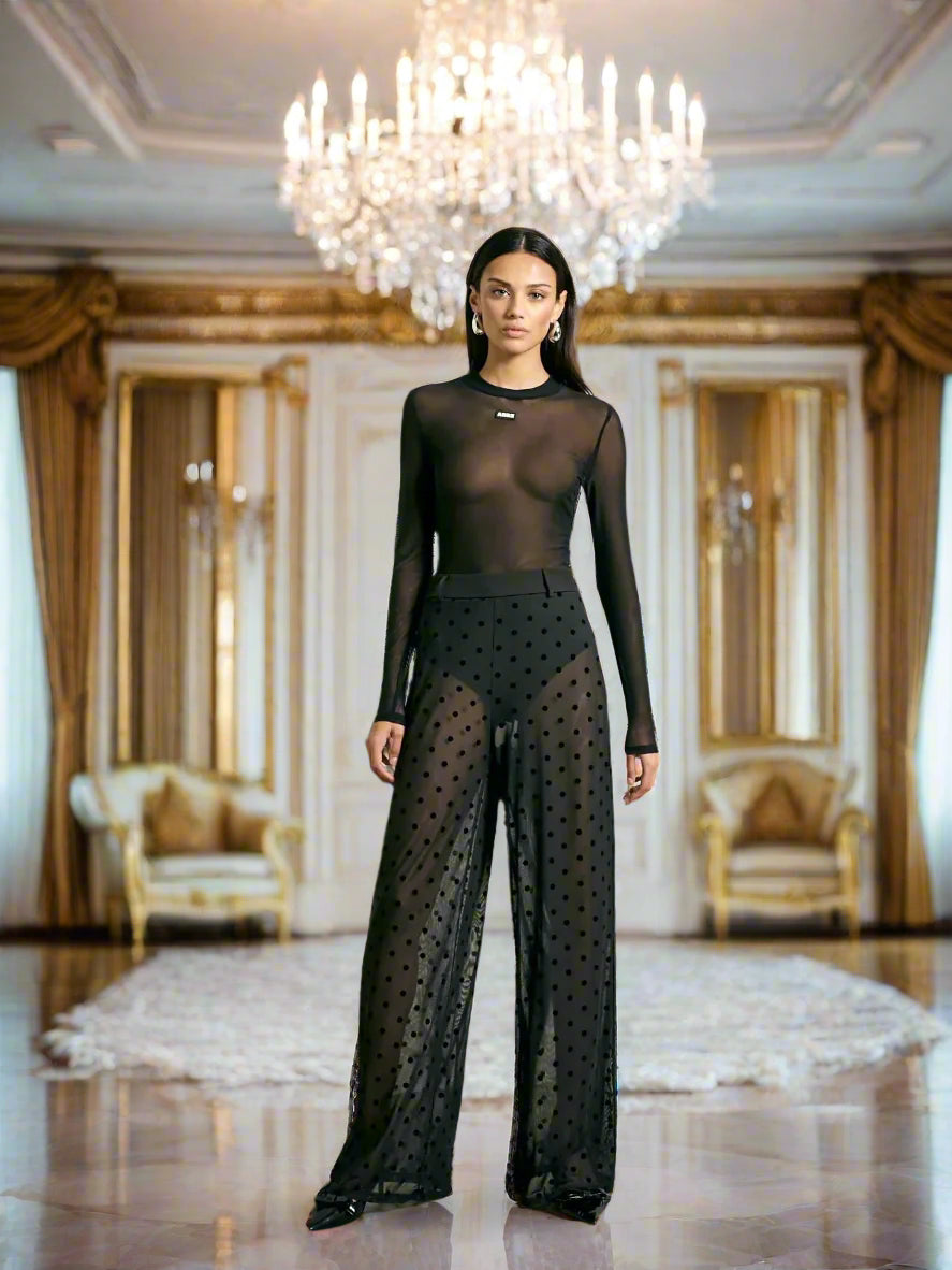 SHEIN AiiRZ Sheer Polka Dot Wide-Leg Pants