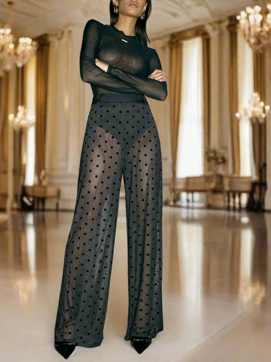 SHEIN AiiRZ Sheer Polka Dot Wide-Leg Pants