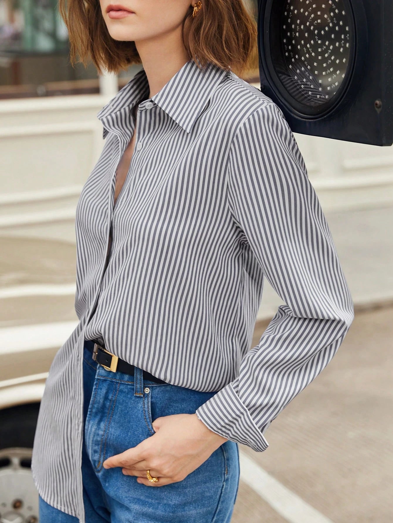 Shein BizChic Grey Cotton Blouse – Open Front