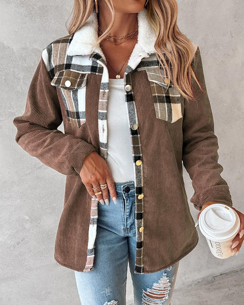 ChicMe Colorblock Plaid Print Corduroy Lined Shacket