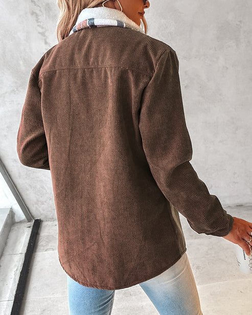 ChicMe Colorblock Plaid Print Corduroy Lined Shacket