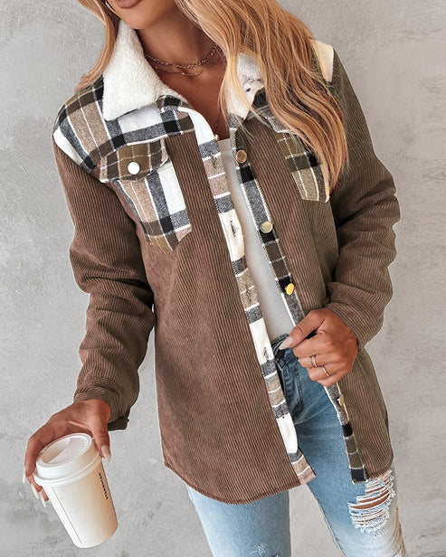 ChicMe Colorblock Plaid Print Corduroy Lined Shacket