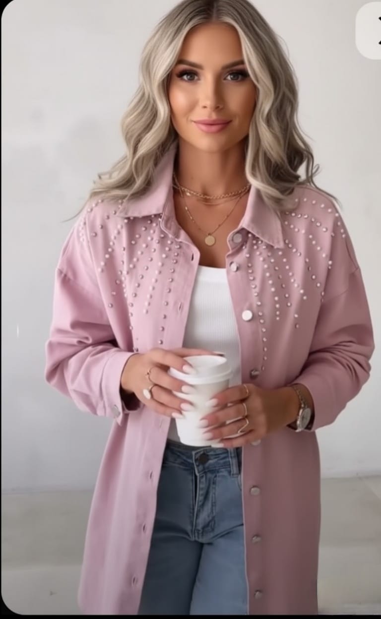 CHICME Pearl Embellished Long Pink Jacket