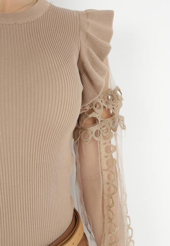 Mavo Ribbed Knit Top with Lace Sleeves