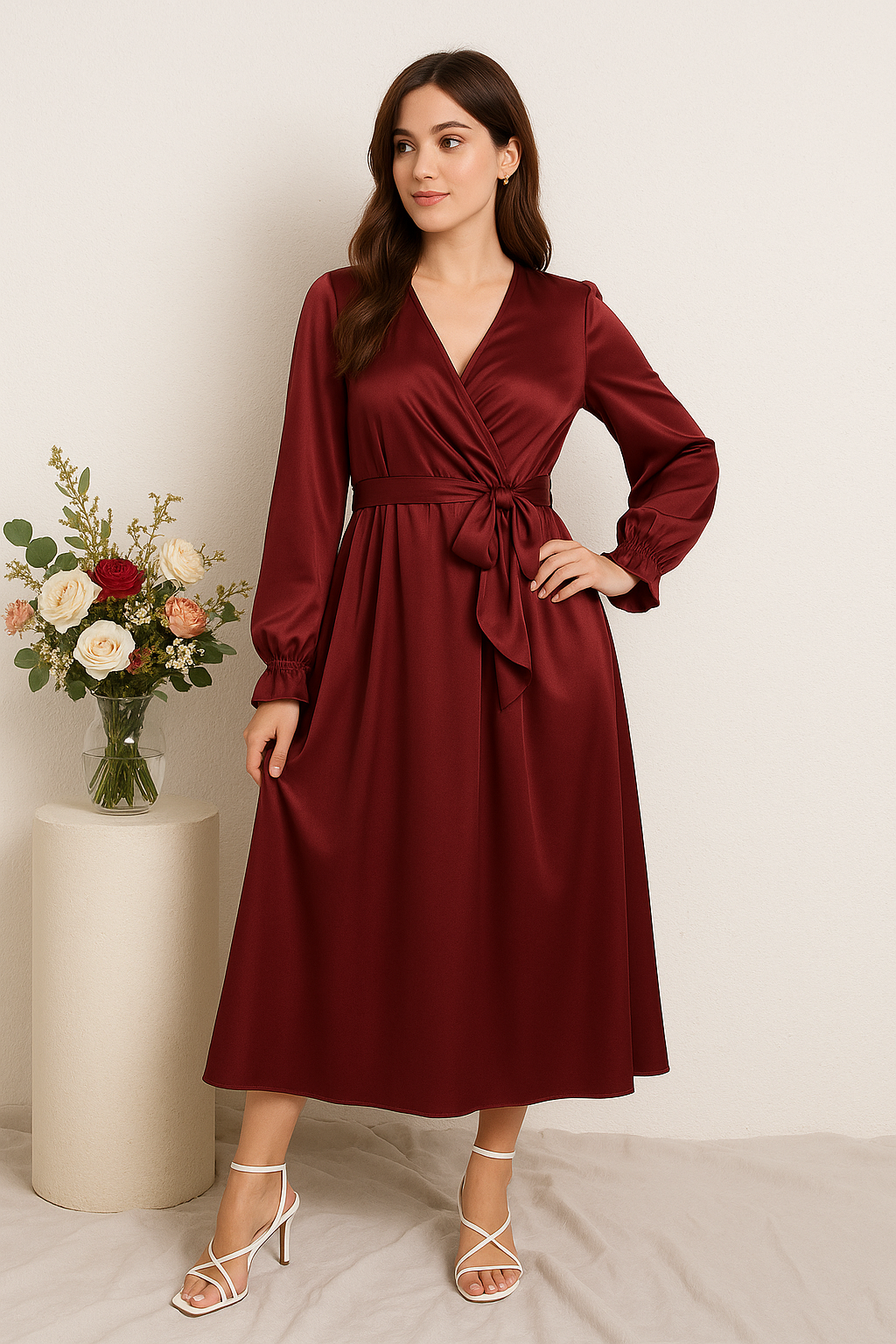 SHEIN Privé Surplice Neck Flounce Sleeve Belted Dress - ZEBrand