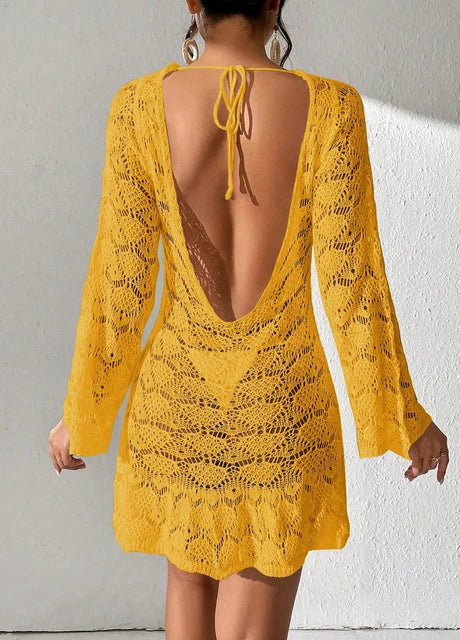 SHEIN Open Back Crochet Beach Dress – Yellow