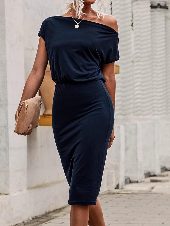 shein Luneh Solid Asymmetrical Neck Fitted Dress
