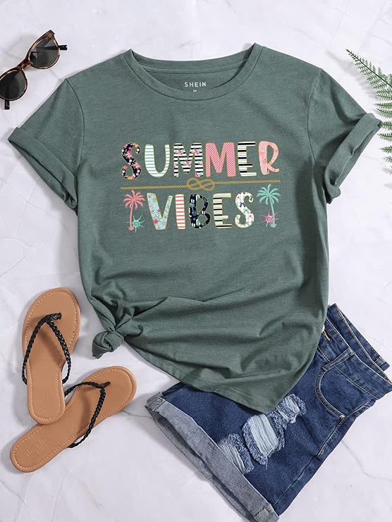 SHEIN INAWLY Letter And Tropical Print Tee