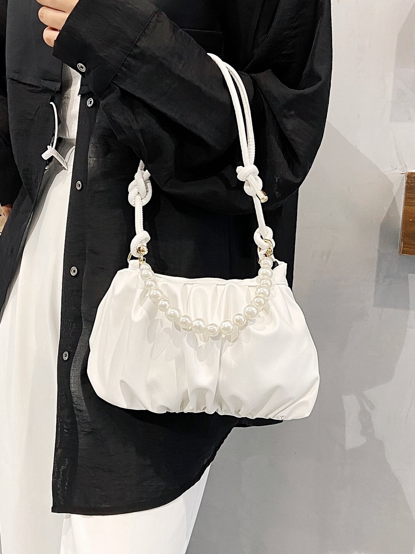 Minimalist Faux Pearl Decor Ruched Bag