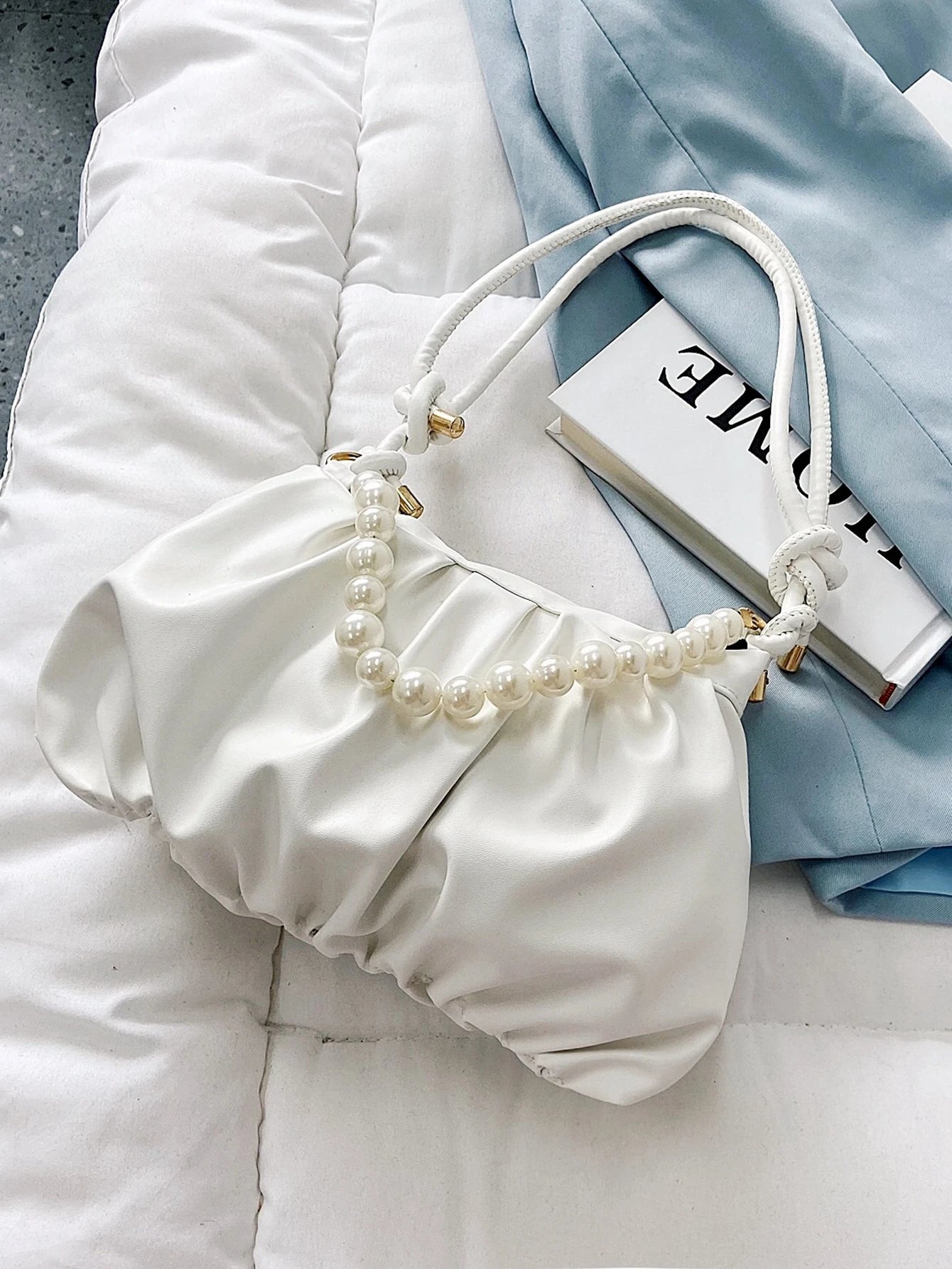 Minimalist Faux Pearl Decor Ruched Bag