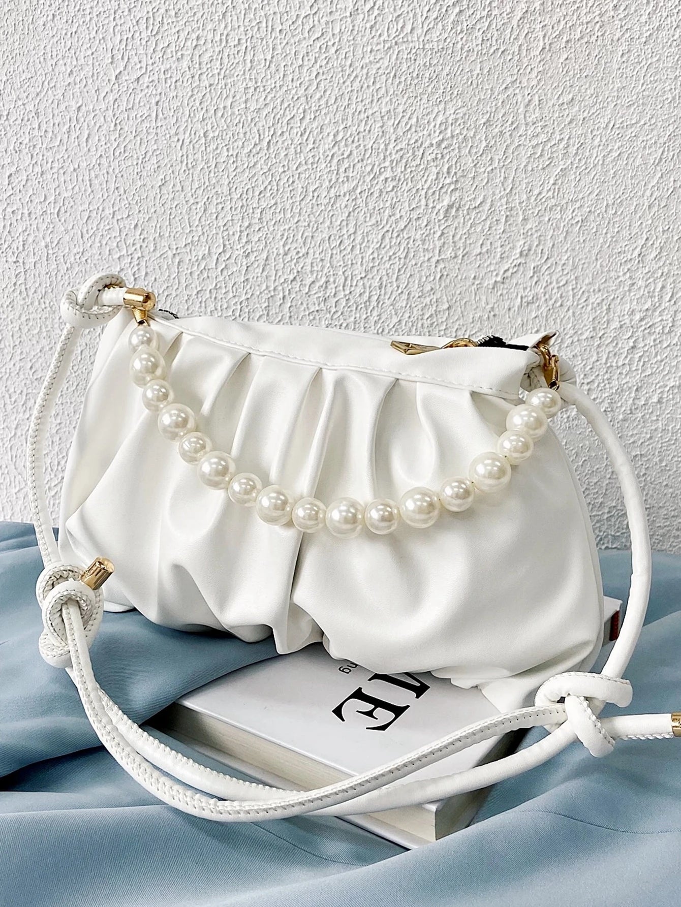 Minimalist Faux Pearl Decor Ruched Bag
